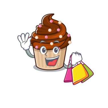 Dost canlısı zengin bir çikolatalı kek el sallıyor ve alışveriş torbası tutuyor. Vektör illüstrasyonu
