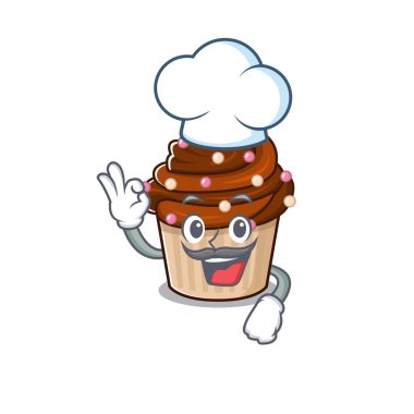 Çikolatalı kek çizgi film karakteri şef olarak çalışıyor ve beyaz şapka takıyor. Vektör illüstrasyonu