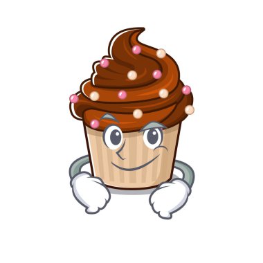 Gülen suratlı havalı çikolatalı kek maskotu karakteri. Vektör illüstrasyonu