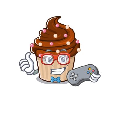 Gülen oyuncu, çikolatalı kek, maskot tarzı. Vektör illüstrasyonu