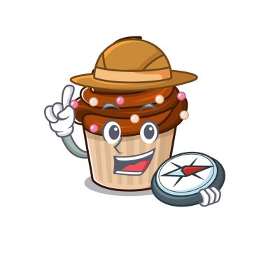Çikolatalı kek deneyimli Explorer pusula kullanıyor. Vektör illüstrasyonu