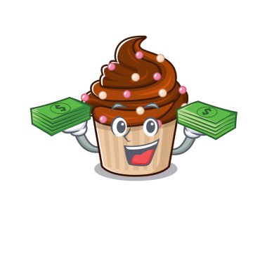 Havalı, zengin, çikolatalı kek karakterinin ellerine para bulaşmış. Vektör illüstrasyonu