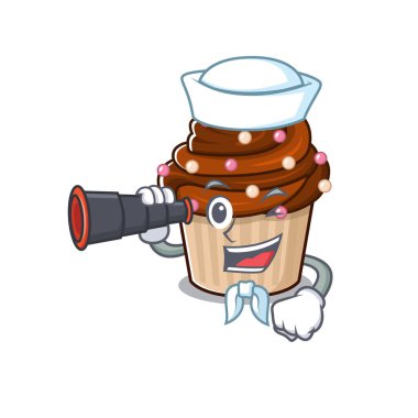 Çikolatalı kekin dürbünlü denizci olarak çalıştığı bir resim. Vektör illüstrasyonu