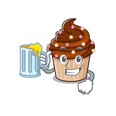 Gülen çikolatalı kek maskotu tasarımı ve büyük bir bardak. Vektör illüstrasyonu