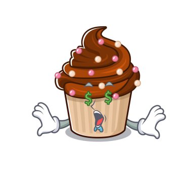 Paralı zengin çikolatalı kek çizgi film karakteri. Vektör illüstrasyonu