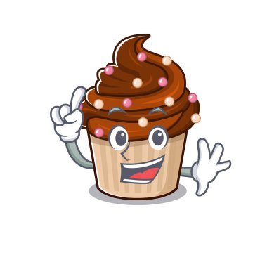 Maskot çizgi film konsepti çikolatalı kek ve bir parmak hareketi. Vektör illüstrasyonu