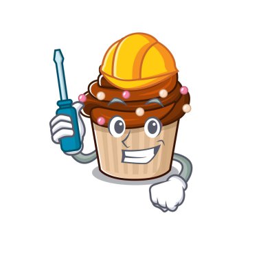 Çizgi film karakteri tarzı çikolatalı kek otomotiv olarak çalışıyor. Vektör illüstrasyonu