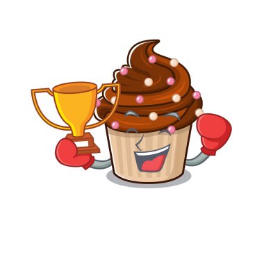 Maskot çizgi film dizaynında çikolatalı kek kazanan harika bir boks şampiyonu. Vektör illüstrasyonu