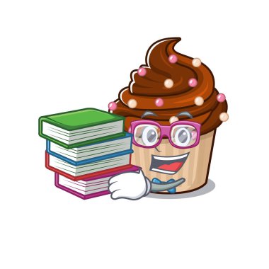 Maskot çizgi filmi çikolatalı kek, kitapla çalışıyor. Vektör illüstrasyonu