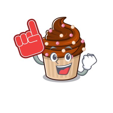 Çikolatalı kek maskotu çizgi film tasarımının köpük parmaklı bir resmi. Vektör illüstrasyonu