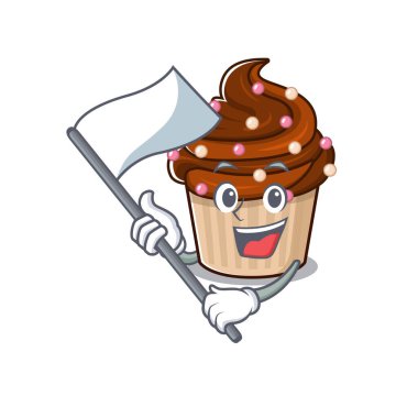 Komik çikolatalı kek çizgi film karakteri tarzı ayakta duran bir bayrak taşıyor. Vektör illüstrasyonu