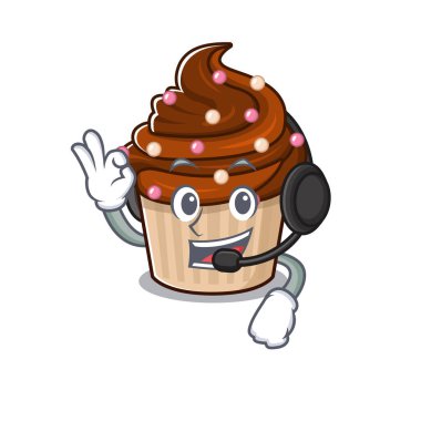 Kulaklık takarak mutlu çikolatalı kek maskotu tasarımı. Vektör illüstrasyonu