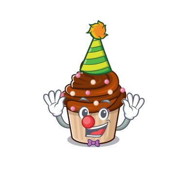 Komik palyaço çikolatalı kek çizgi film karakteri maskot tasarımı. Vektör illüstrasyonu