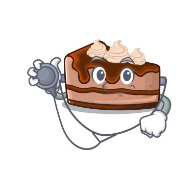 Çikolatalı cheesecake çizgi filminin maskotunun elinde aletler olan bir doktor resmi. Vektör illüstrasyonu