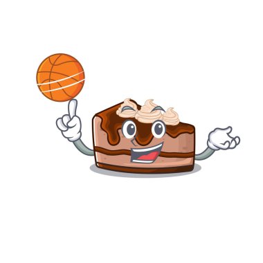 Basketbol oynayan çikolatalı cheesecake çizgi film karakterinin maskot resmi. Vektör illüstrasyonu