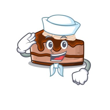 Çikolatalı cheesecake çizgi film konsepti denizci şapkası takıyor. Vektör illüstrasyonu