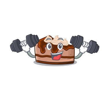 Sporty Fitness çikolatalı cheesecake maskot tasarımı için halterleri kullanıyor. Vektör illüstrasyonu