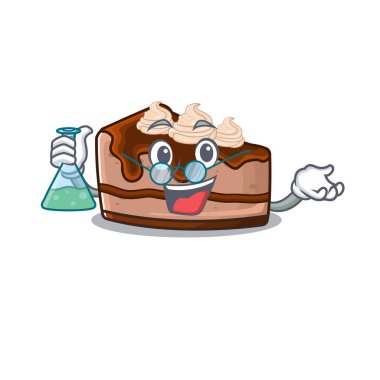 Güzel çikolatalı cheesecake Profesör çizgi film karakteri ve cam tüp. Vektör illüstrasyonu
