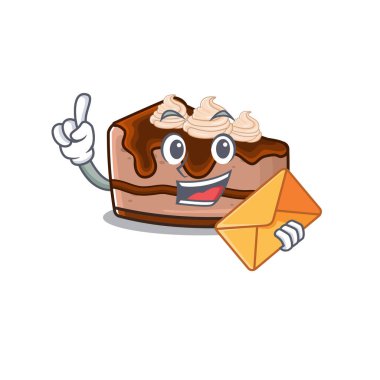 Gülen surat çikolatalı cheesecake maskot tasarımı ve zarf. Vektör illüstrasyonu