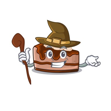 Bir cadı olarak gerçekleştirilen çikolatalı cheesecake maskot konsepti. Vektör illüstrasyonu