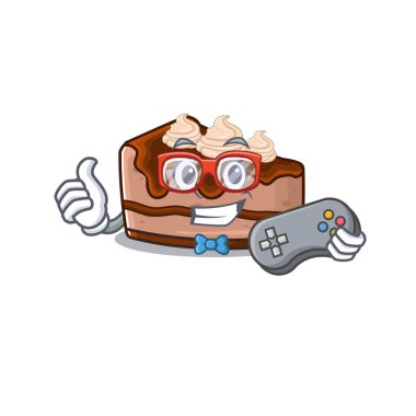 Gülen oyuncu çikolatalı cheesecake çizgi film maskotu tarzı. Vektör illüstrasyonu