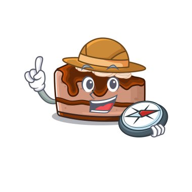 Çikolatalı cheesecake deneyimli Explorer bir pusula kullanıyor. Vektör illüstrasyonu