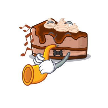 Maskot tasarımı konsepti çikolatalı kek trompet çalıyor. Vektör illüstrasyonu
