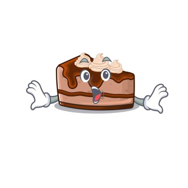 Çikolatalı cheesecake maskot tasarımı konsepti ve sürpriz bir jest. Vektör illüstrasyonu