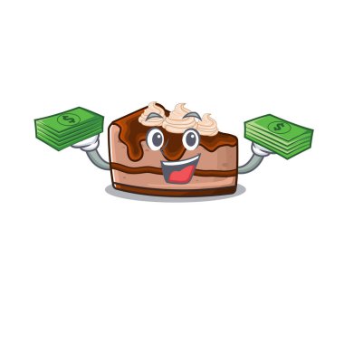 Havalı, zengin, çikolatalı, peynirli kek karakteri. Elinde para var. Vektör illüstrasyonu