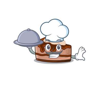 Aşçı olarak tepside yemek servisi yapan çikolatalı cheesecake resmi. Vektör illüstrasyonu