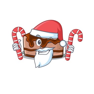 Çikolatalı cheesecake çizgi film karakteri Noel Baba kostümü giyiyor ve şeker getiriyor. Vektör illüstrasyonu