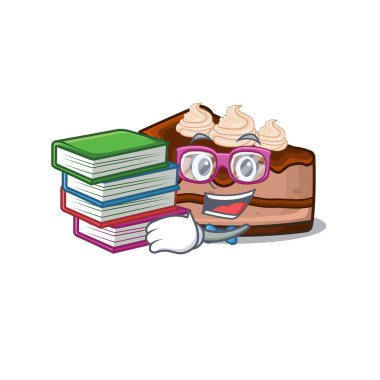 Kitapla çalışan çikolatalı cheesecake maskot çizgi filmi. Vektör illüstrasyonu