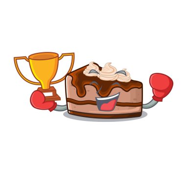 Maskot çizgi filminde çikolatalı cheesecake 'in muhteşem boks şampiyonu. Vektör illüstrasyonu