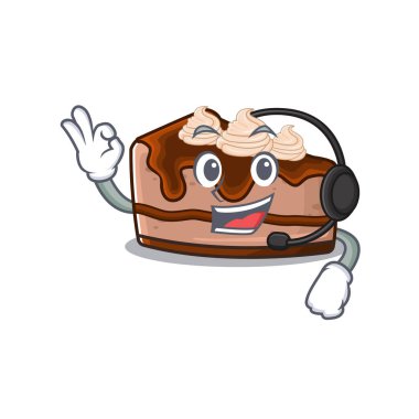 Mutlu çikolatalı cheesecake maskotu tasarımı kulaklık takıyor. Vektör illüstrasyonu