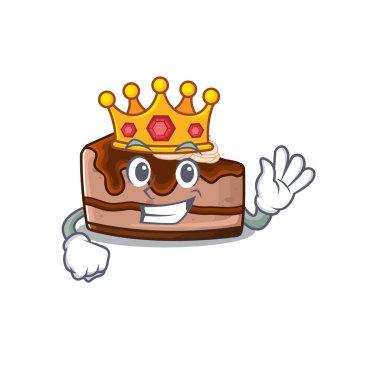 Sahnede Kral rolünde oynanan çikolatalı cheesecake 'in bir maskot tasarımı. Vektör illüstrasyonu