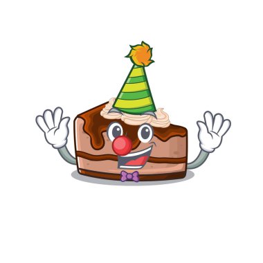 Komik palyaço çikolatalı cheesecake çizgi film karakteri maskot tasarımı. Vektör illüstrasyonu