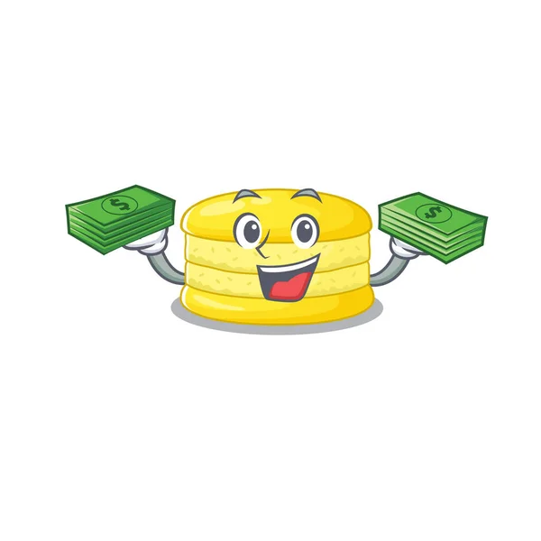 Cool Bohatý Citron Macaron Charakter Penězi Rukou Vektorová Ilustrace — Stockový vektor