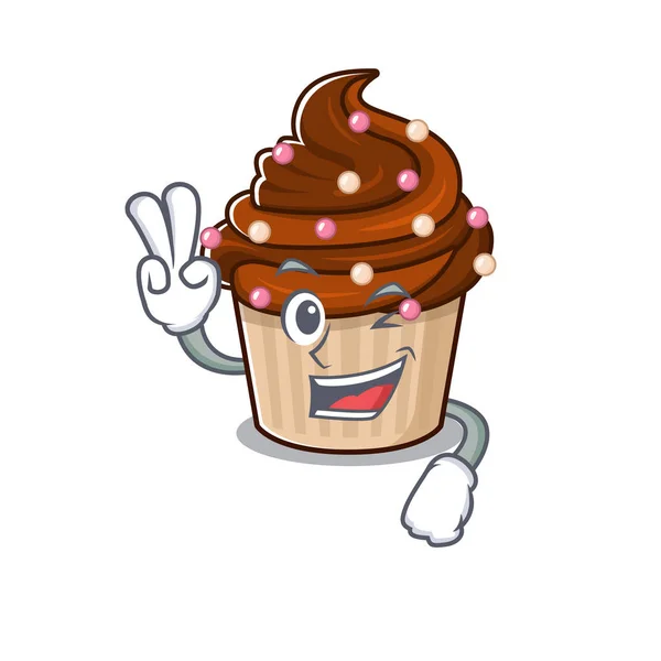 Mascotte Van Grappige Chocolade Cupcake Cartoon Karakter Met Twee Vingers — Stockvector