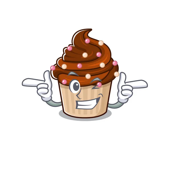 Mascote Bonito Desenho Animado Cupcake Chocolate Com Olho Wink Ilustração — Vetor de Stock