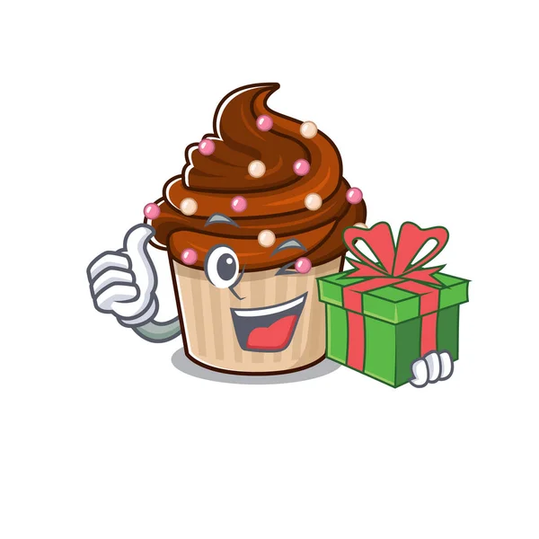 Personaje Cupcake Chocolate Feliz Que Tiene Una Caja Regalo Ilustración — Archivo Imágenes Vectoriales