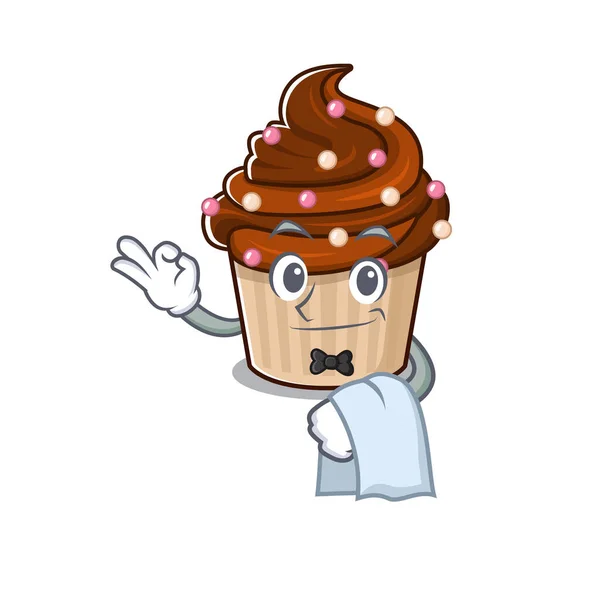 Söt Chokladmuffins Karaktär Som Arbetar Som Servitör Vektorillustration — Stock vektor