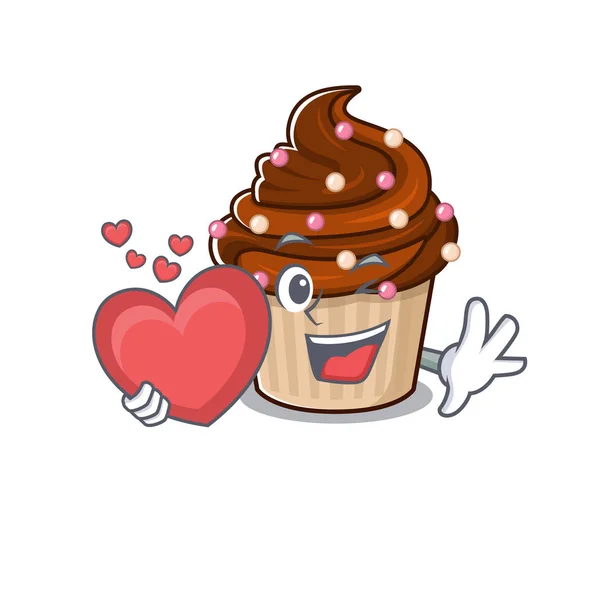 Romantique Chocolat Cupcake Dessin Animé Tenant Cœur Illustration Vectorielle — Image vectorielle
