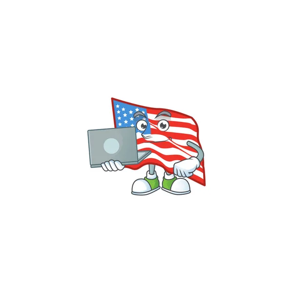 A smart USA flag mascot icon working with laptop — Stock vektor