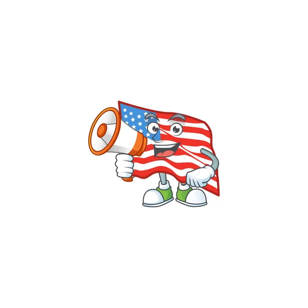 A chilly cartoon character of USA flag with a megaphone — Stockvector