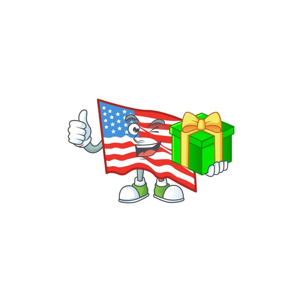 Mignon drapeau américain personnage tenant une boîte-cadeau — Image vectorielle