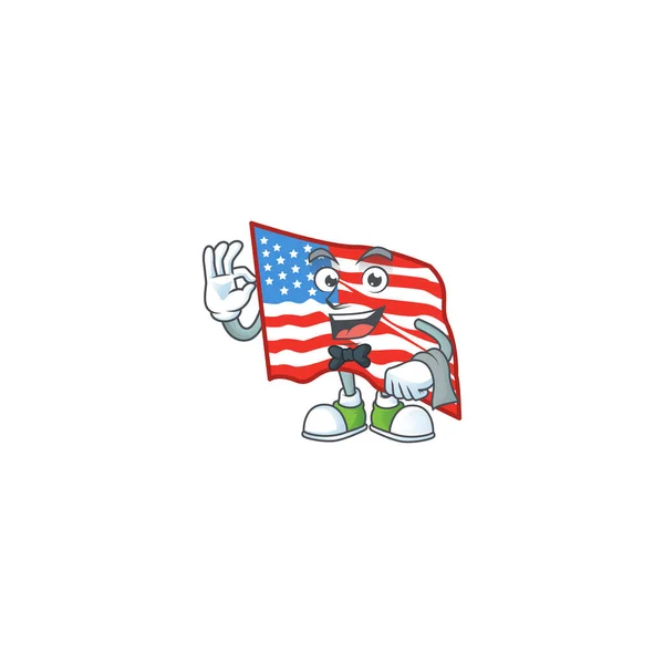 Uma mascote de desenho animado bandeira dos EUA trabalhando como garçom — Vetor de Stock