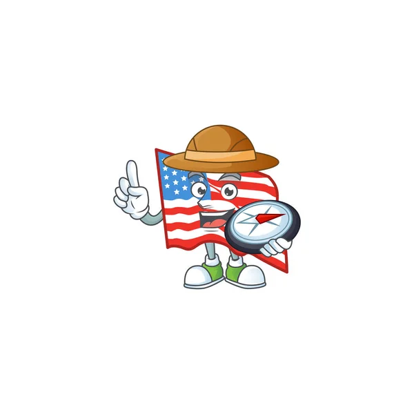 Um desenho animado explorador de bandeira dos EUA com uma bússola —  Vetores de Stock