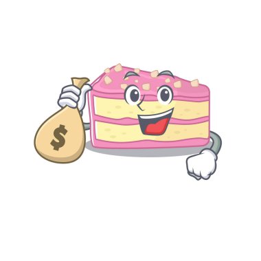 Zengin ve ünlü çilekli pasta çizgi film karakteri para çantası tutuyor. Vektör illüstrasyonu