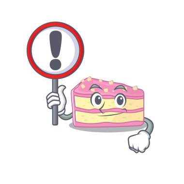 cute mascot character style of strawberry slice cake raised up a sign