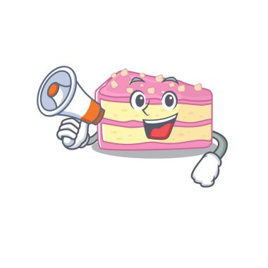 A mascot of strawberry slice cake speaking on a megaphone